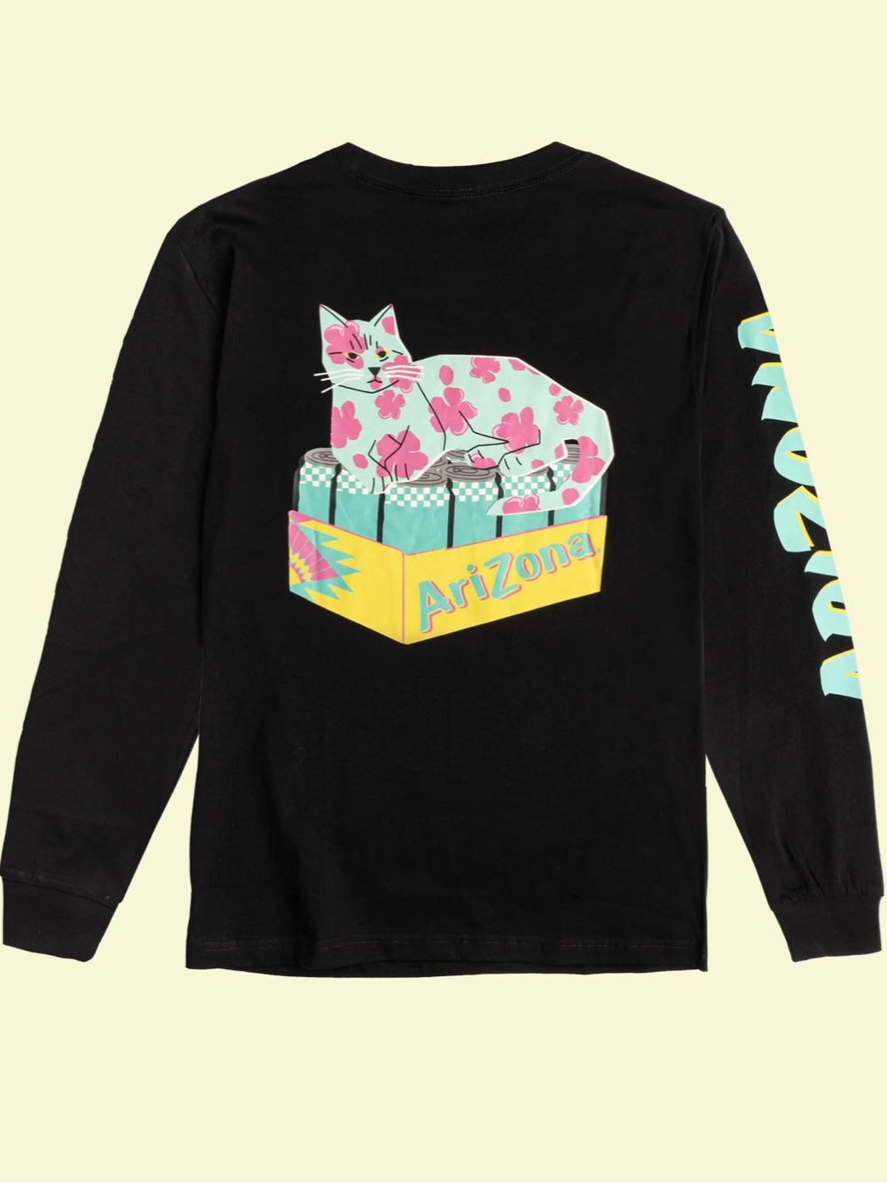 Arizona  Black Long-Sleeve Tee with Aqua, Pink & Yellow Cat Graphic